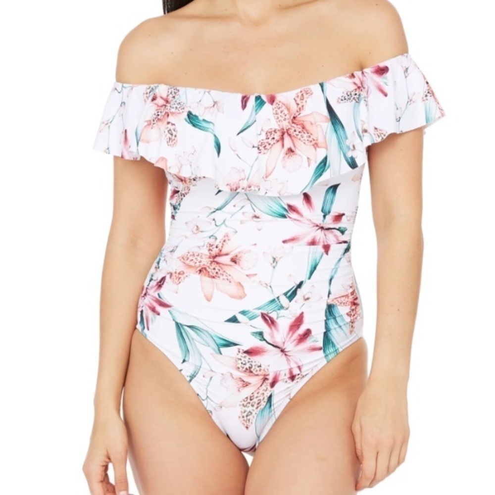 La Blanca white and floral Off Shoulder Ruffle One Piece Swimsuit